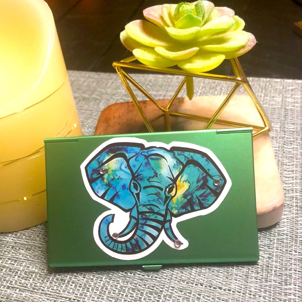 #48ele 🐘Elephant Green Metallic Business Card Holder🐘